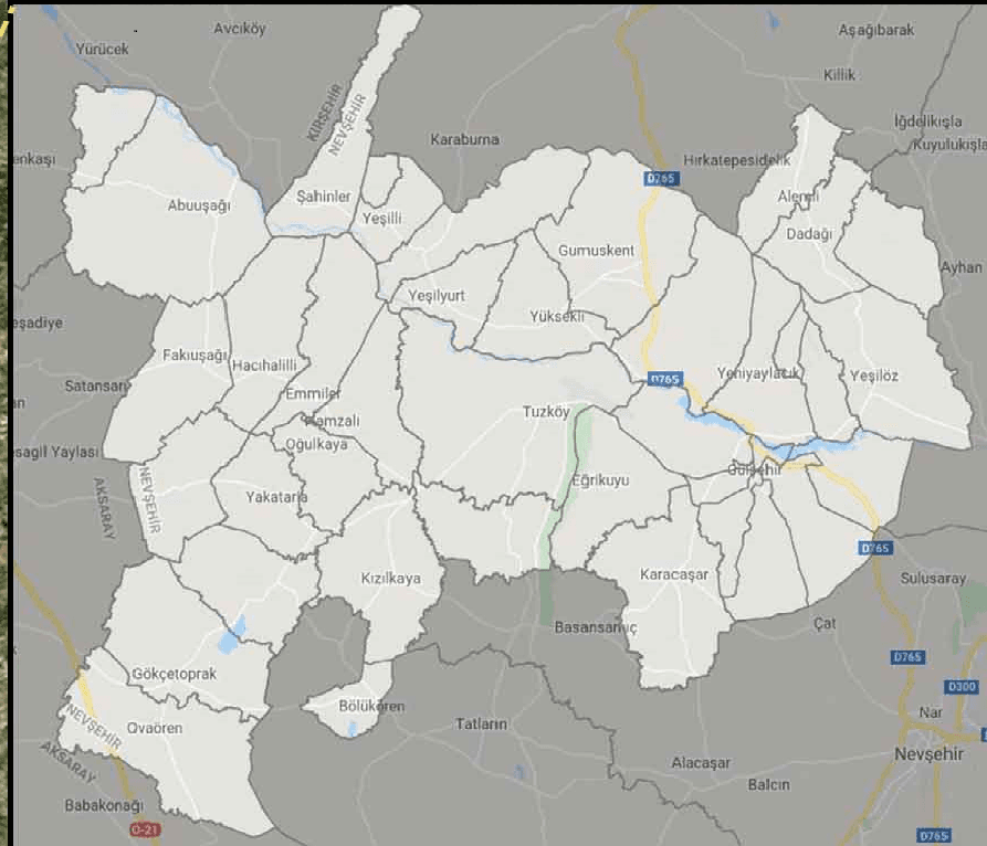 Gülşehir ilçesi haritası - Coğrafi konum